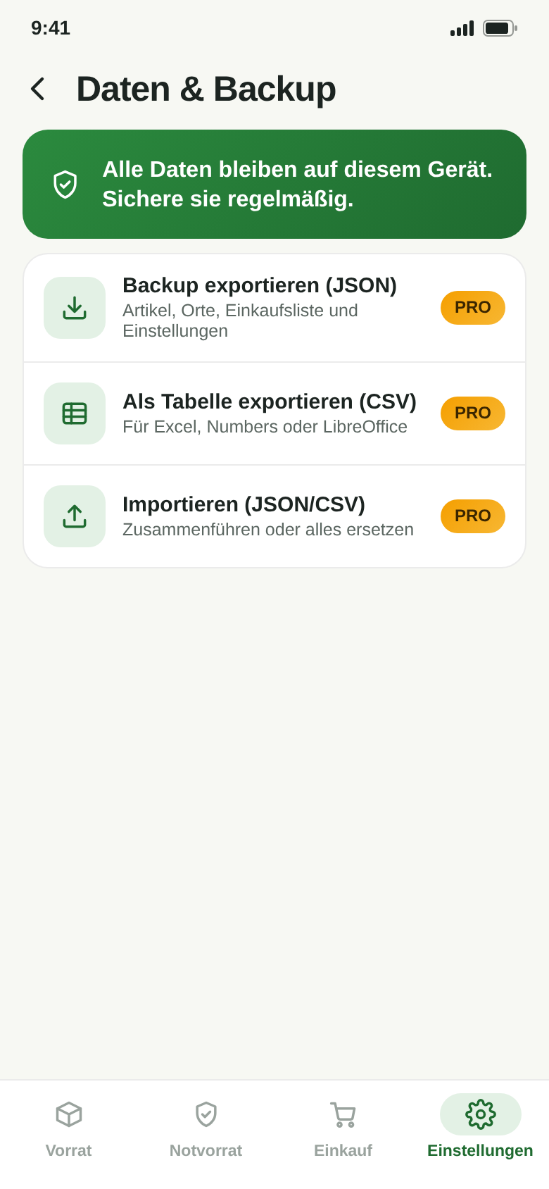 Export und Backup: Sicherung als JSON, Export als CSV, Wiederherstellen