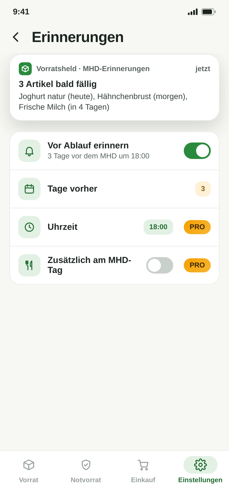Erinnerungen: gebündelte Benachrichtigung über drei bald fällige Artikel, darunter Vorlauf, Uhrzeit und Erinnerung am MHD-Tag