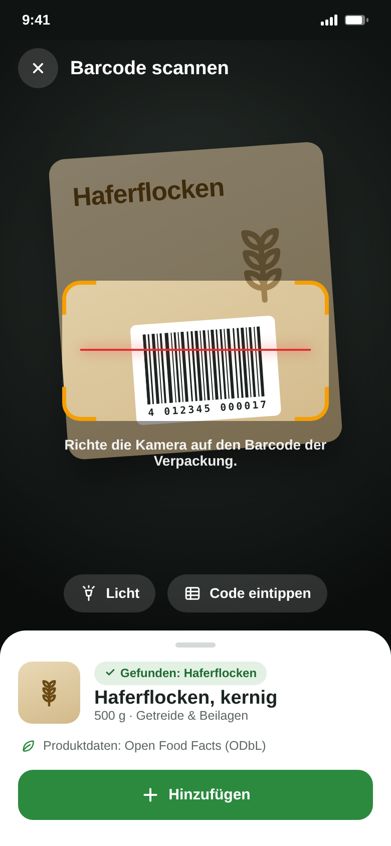 Barcode-Scanner erkennt eine Packung Haferflocken; der Name kommt von Open Food Facts