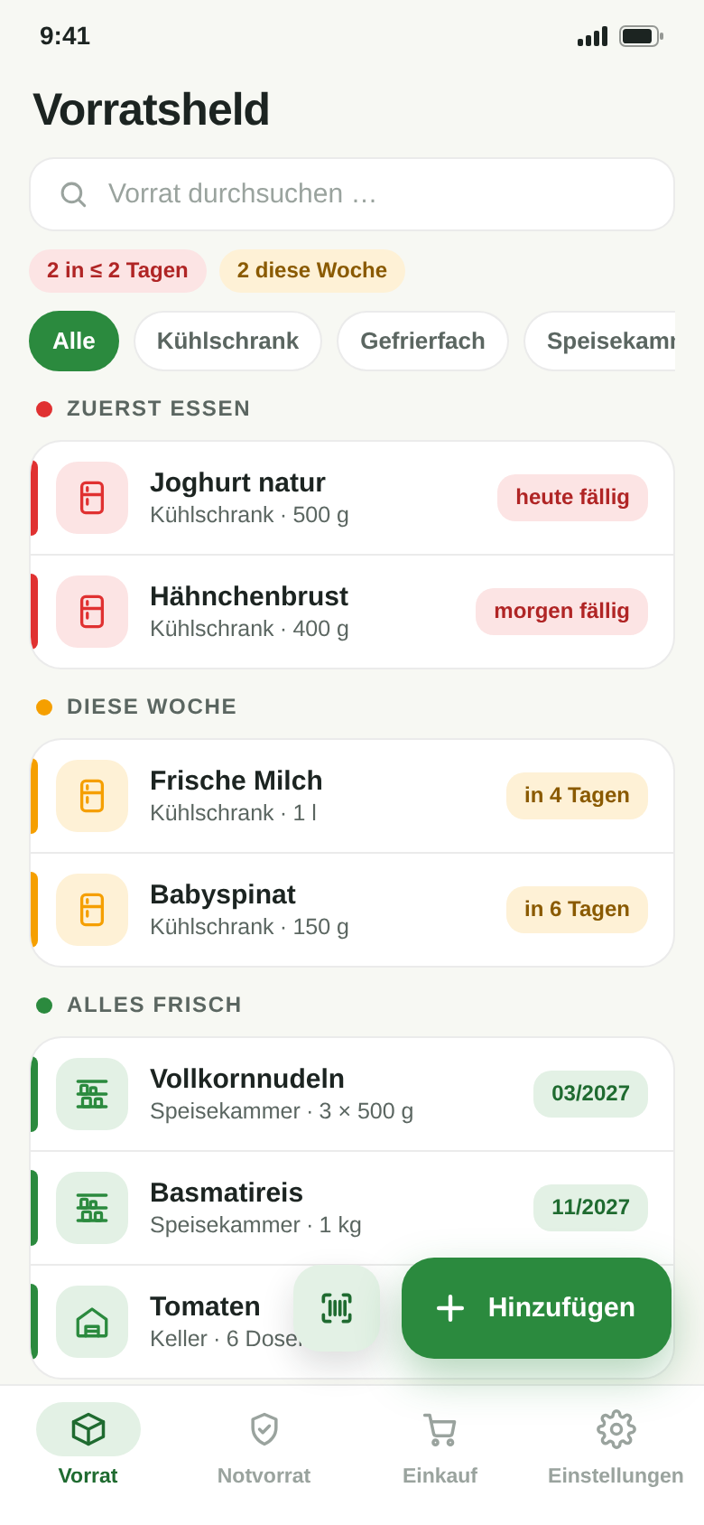 Vorratsliste mit Ampel: Joghurt und Hähnchenbrust rot (heute, morgen), Milch und Spinat gelb, Nudeln, Reis und Dosentomaten grün